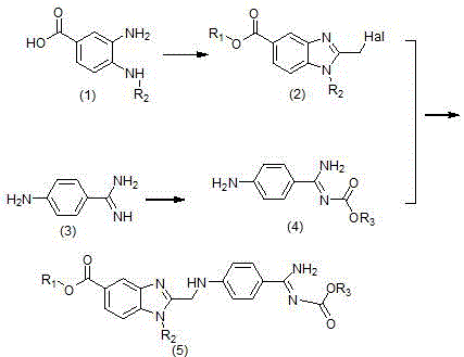 General synthesis route of the invention showing high yield cyclization and coupling steps