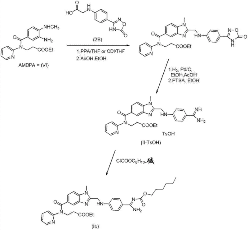Prior art synthetic scheme for Dabigatran intermediates highlighting the nitro reduction step