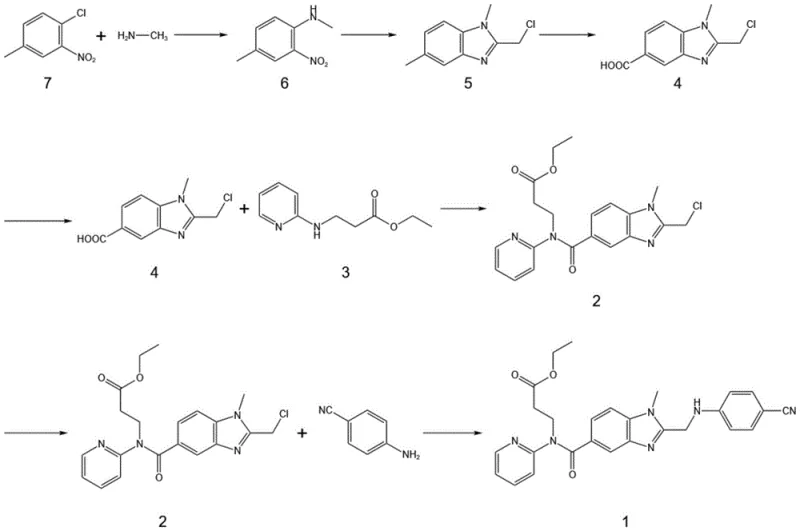 Complete synthetic route for dabigatran intermediate showing early cyclization and oxidation steps