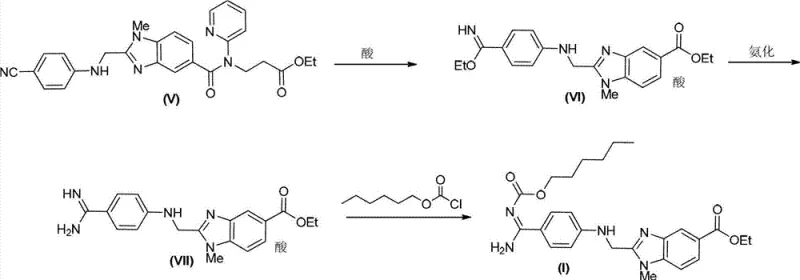 Reaction scheme showing the three-step synthesis from precursor V to target I