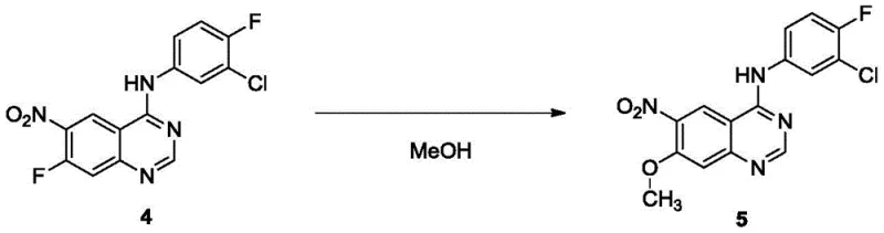 Reaction scheme showing methoxylation of nitro-quinazoline precursor to form methoxy intermediate