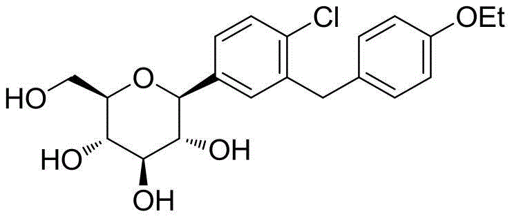 Chemical structure of Dapagliflozin showing the core glucoside scaffold and chlorophenyl substituents