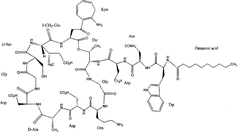 Chemical structure of Daptomycin showing amino acid sequence and decanoic acid tail