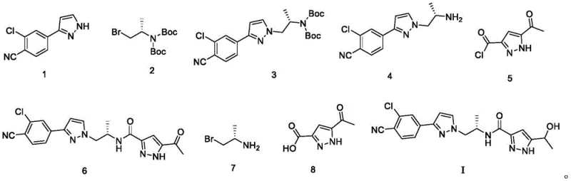Complete reaction scheme showing the 5-step synthesis of Darolutamide from intermediates 1, 7, and 8