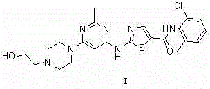 Chemical structure of Dasatinib (Compound I) showing the thiazole and pyrimidine core