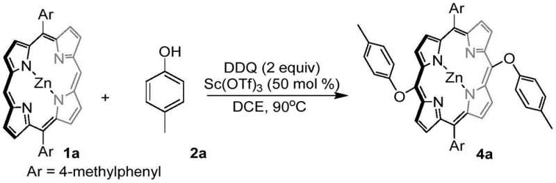 General reaction scheme for DDQ-mediated meso-C-O coupling of zinc porphyrins with phenols