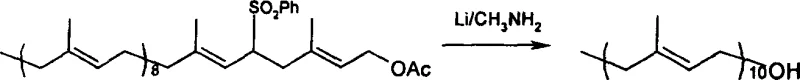 Reaction scheme showing condensation and lithium-methylamine reduction to form Decaprenol