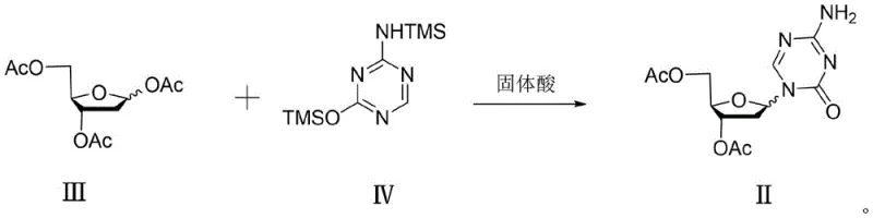 Reaction scheme showing the glycosylation of Formula III and Formula IV using SnCl4/SiO2 to form Intermediate II
