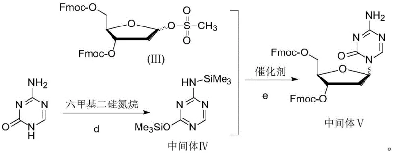 Reaction scheme showing the coupling of 2-deoxy-D-ribose derivative III with activated 5-azacytosine IV to form decitabine intermediate V