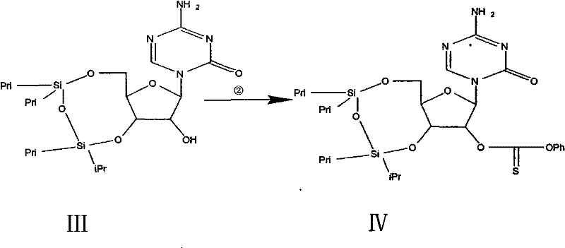 Reaction scheme showing the conversion of Intermediate III to thiocarbonate Intermediate IV using phenoxy thiocarbonyl chloride