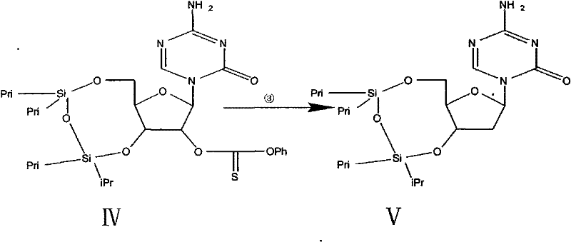 Radical deoxygenation step converting Intermediate IV to Intermediate V using tributyltin hydride and AIBN