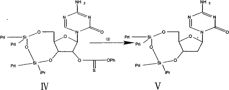 Reaction scheme illustrating the radical deoxygenation of Intermediate IV to Intermediate V using tributyltin hydride