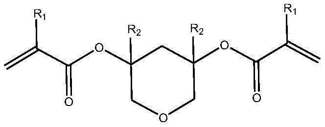 General chemical structure of the degradable photoresist resin monomer showing the central pyran ring and variable R groups