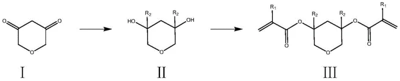 General synthesis route showing the conversion of pyran-dione to diol intermediate and final di-acrylate monomer