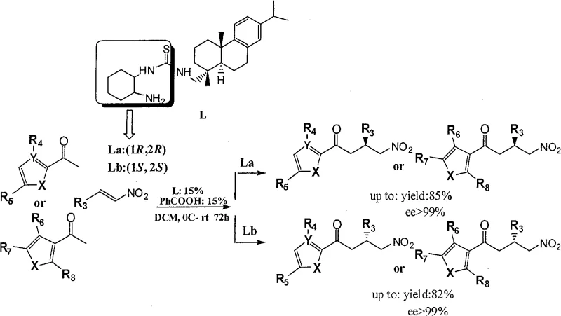 Reaction scheme for the synthesis of gamma-nitro-aromatic heteroketones using the novel catalyst