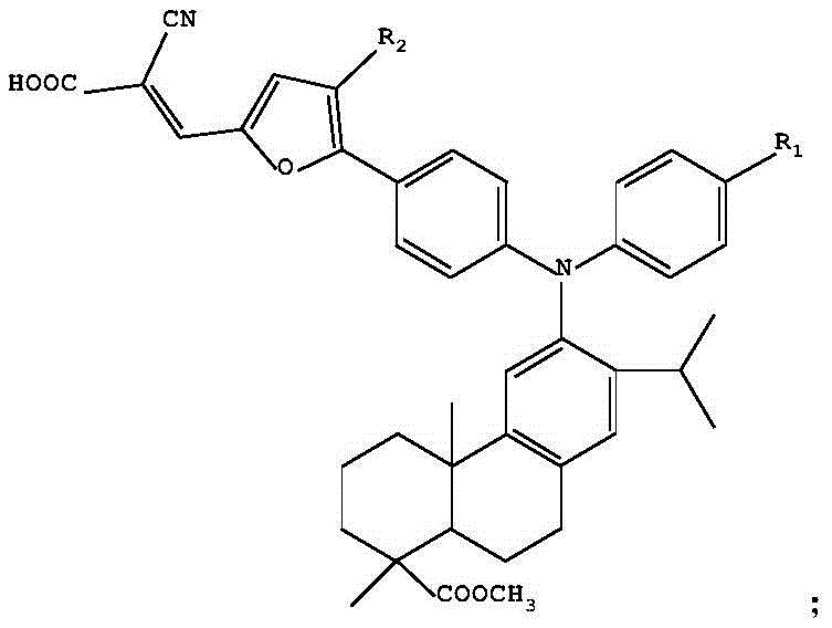 General chemical structure of the dehydroabietic acid triarylamine D-pi-A compound showing the donor, pi-bridge, and acceptor regions