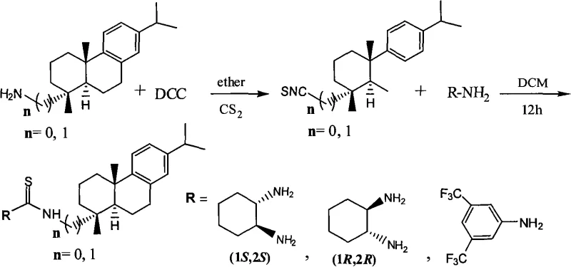 General synthesis scheme of dehydroabietine-thiourea catalysts showing the reaction of dehydroabietamine with DCC and CS2 followed by coupling with chiral diamines