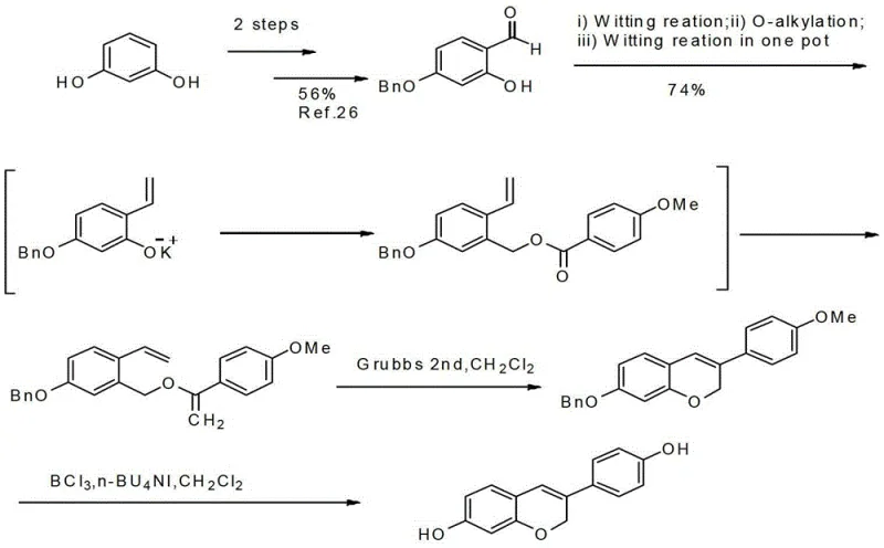 Prior art synthesis route for Dehydroequol involving Wittig reaction and Grubbs catalyst
