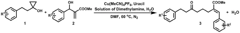 General reaction scheme showing copper-catalyzed ring-opening allylation of cyclopropanols with allyl alcohols to form delta epsilon alkenyl ketones