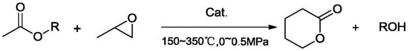 General reaction scheme showing alkyl acetate and propylene oxide converting to delta-valerolactone and alcohol