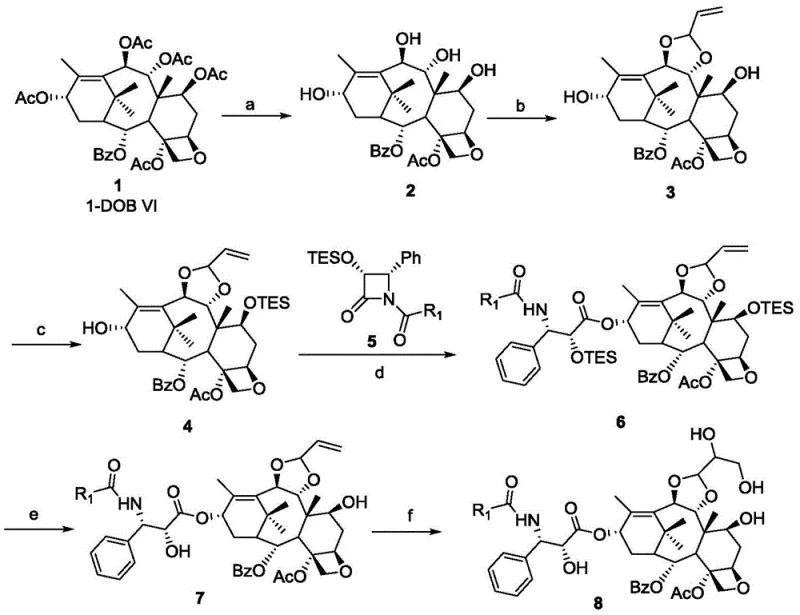 General reaction scheme for the synthesis of deoxy taxane analogs from 1-DOB VI