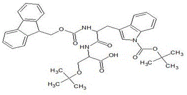 Chemical structure of Fmoc-Trp(Boc)-Ser(tBu)-OH fragment illustrating protected tryptophan and serine units