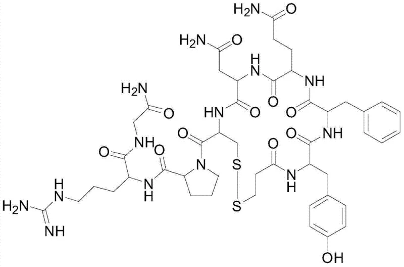 Chemical structure of Desmopressin showing the cyclic polypeptide backbone and key amino acid residues