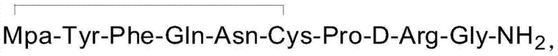 Amino acid sequence abbreviation of Desmopressin highlighting the Mpa-Tyr-Phe-Gln-Asn-Cys-Pro-D-Arg-Gly structure