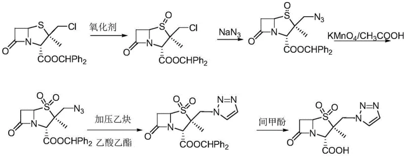 Conventional synthetic route using azide showing hazardous reagents and complex steps