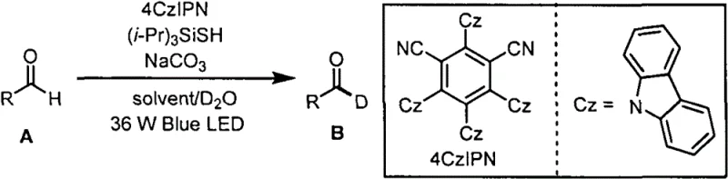 General reaction scheme for visible light catalyzed deuteration of aldehydes using 4CzIPN and silane catalyst