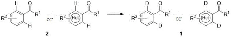 General reaction scheme showing the conversion of aromatic carbonyl derivative formula 2 to ortho-deuterated product formula 1
