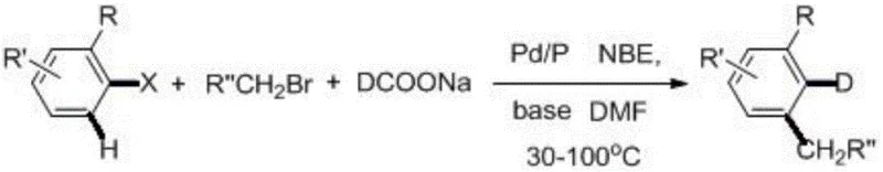 General reaction scheme showing Pd/P catalyzed coupling of haloarene and alkyl bromide with DCOONa to form deuterated product