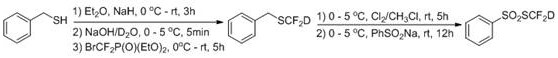 Synthesis route of deuterated difluoromethyl thioaryl sulfonate showing intermediate BnSCF2D formation and final sulfonylation