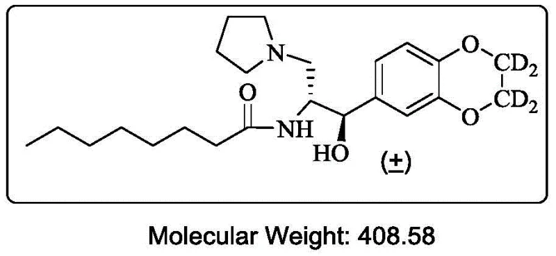 Chemical structure of Deuterated Ibrutinostat Racemate showing molecular weight and deuterium labeling positions