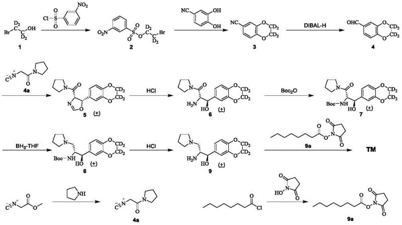 Complete synthetic route overview showing 9 steps from deuterated starting materials to final TM product