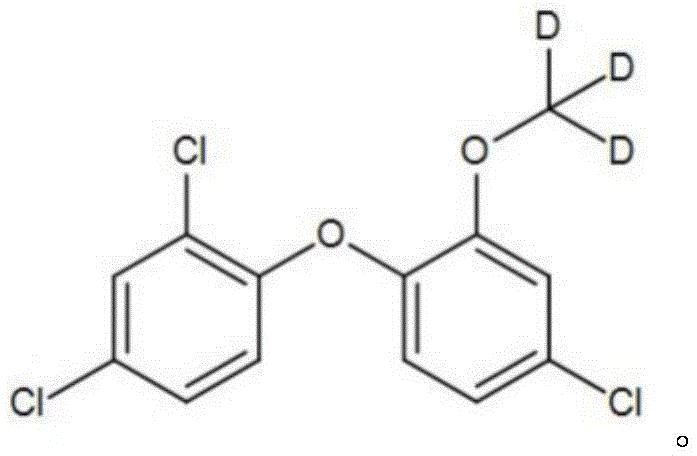 Chemical structure of Deuterium-labeled Methyl Triclosan showing the OCD3 group attached to the biphenyl ether core