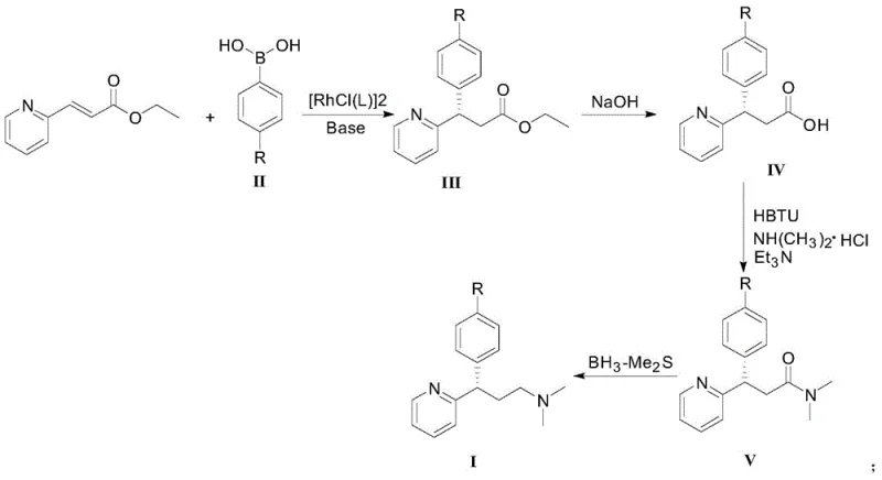 General synthetic route showing the four-step transformation from acrylate and boronic acid to target amine