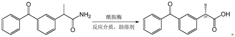 Chemical reaction scheme showing the selective hydrolysis of ketoprofen amide to dexketoprofen catalyzed by amidase