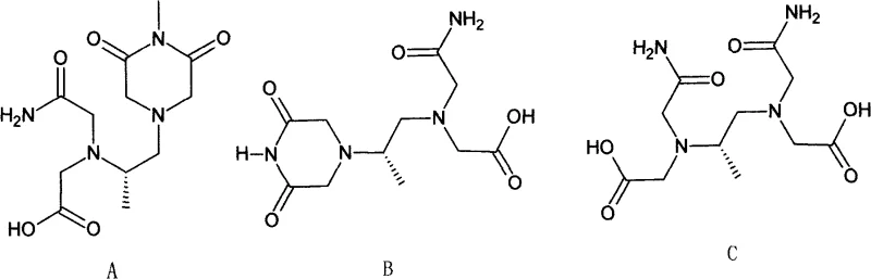 Structures of common degradation impurities A, B, and C found in traditional Dexrazoxane synthesis