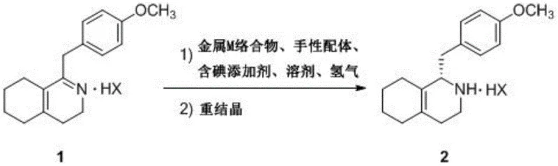 Reaction scheme showing asymmetric hydrogenation of hexahydroisoquinoline to octahydroisoquinoline salt