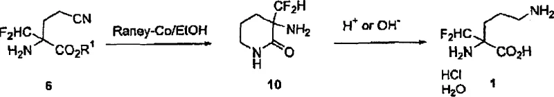 Reaction Scheme 2 showing the conversion of intermediate 5 to DFMO 1 via hydrolysis and reduction