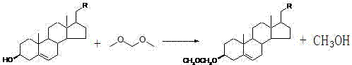 Reaction scheme showing the protection of the sterol 3-hydroxyl group using methylal and vanadium pentoxide catalyst