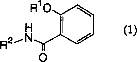 General chemical structure of salicylamide derivatives formula 1 showing R1 and R2 substituents