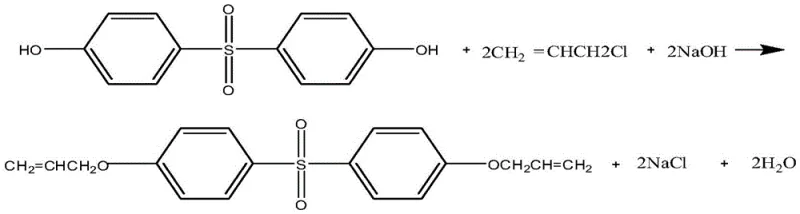 Chemical reaction equation for the synthesis of diallyl bisphenol S ether from bisphenol S and allyl chloride