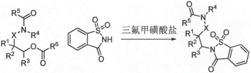 General reaction scheme showing amide ester substitution with saccharin catalyzed by triflate