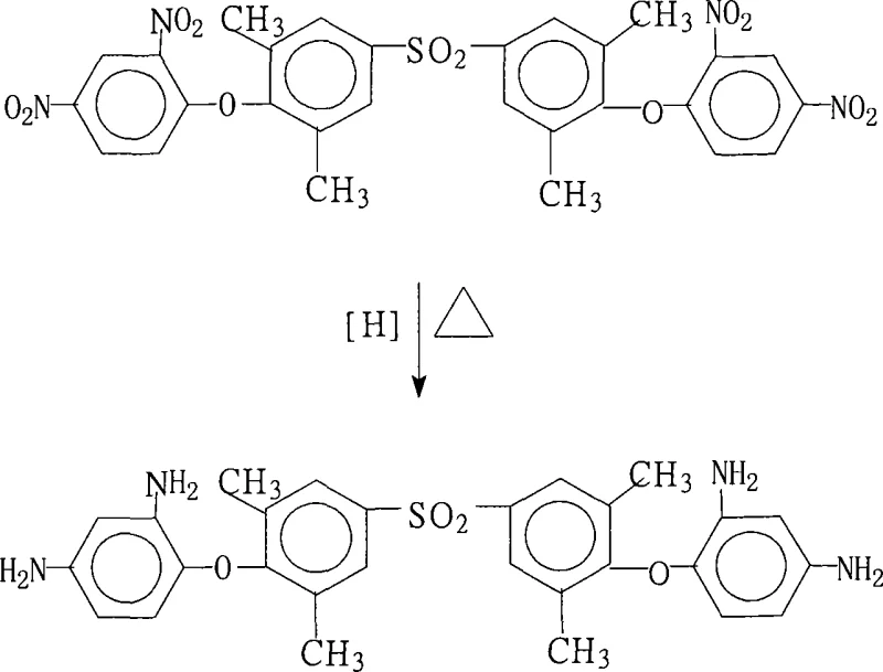 Chemical reaction scheme showing the reduction of dinitro precursor to diamino product using hydrazine and Pd/C