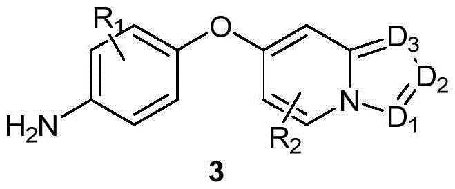 General reaction scheme for the synthesis of diaryl ether compound 3 from aminophenol and halogenated heterocycle