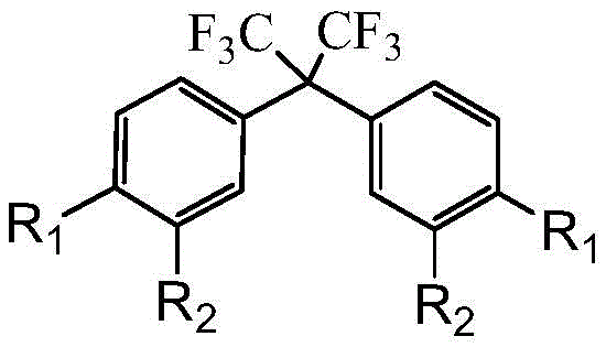 General chemical structure of Diaryl hexafluoropropane showing variable R1 and R2 groups