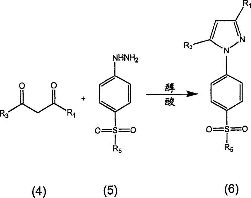 General condensation reaction scheme showing diketone and hydrazine reacting to form pyrazole derivative