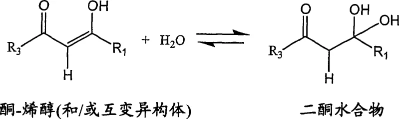 Reaction mechanism showing water hydration of diketone leading to blocked reactive sites and regioisomer formation